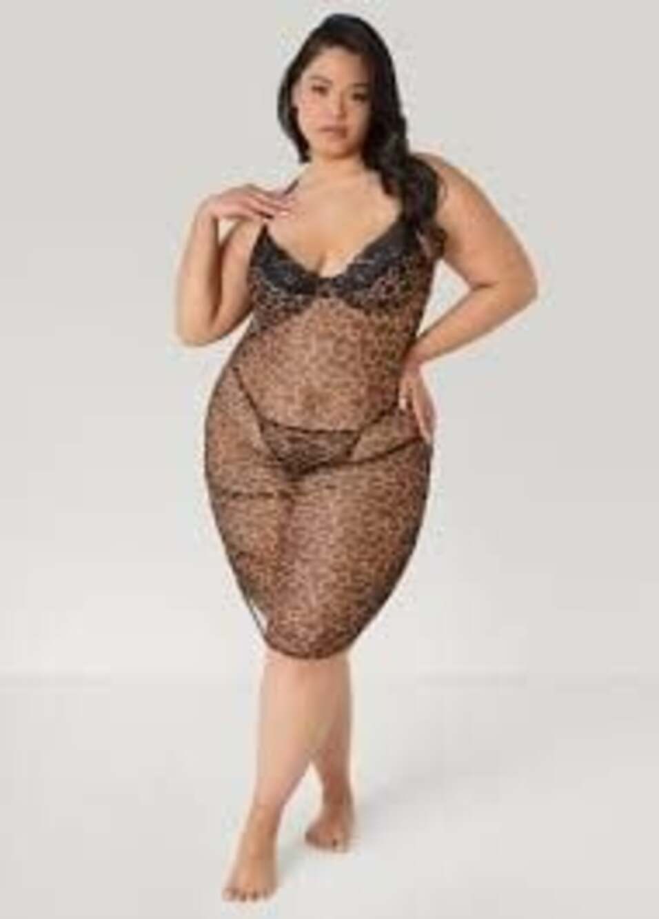 Ashley Stewart Ruched Mesh Animal Print Chemise Set
